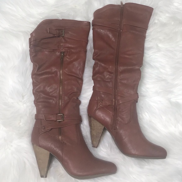Shoes - Cognac belt wrapped zipper accent heel boot